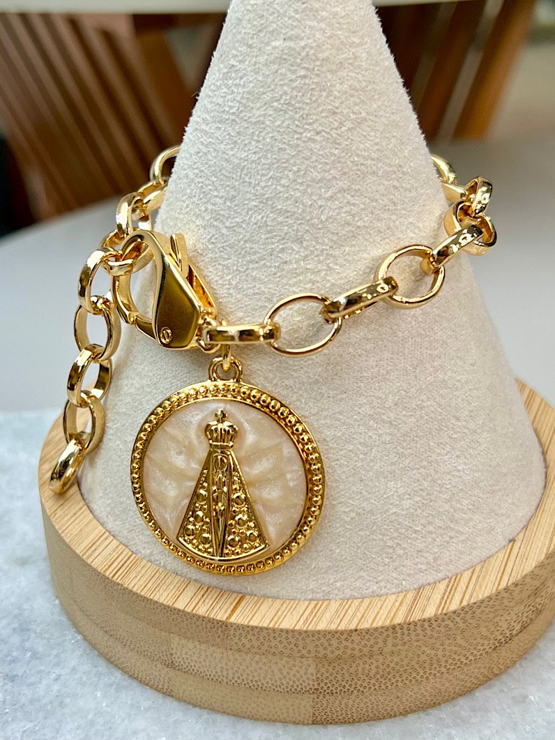 Pulseira Diva Elo Português Pingente Nossa Senhora Dourado