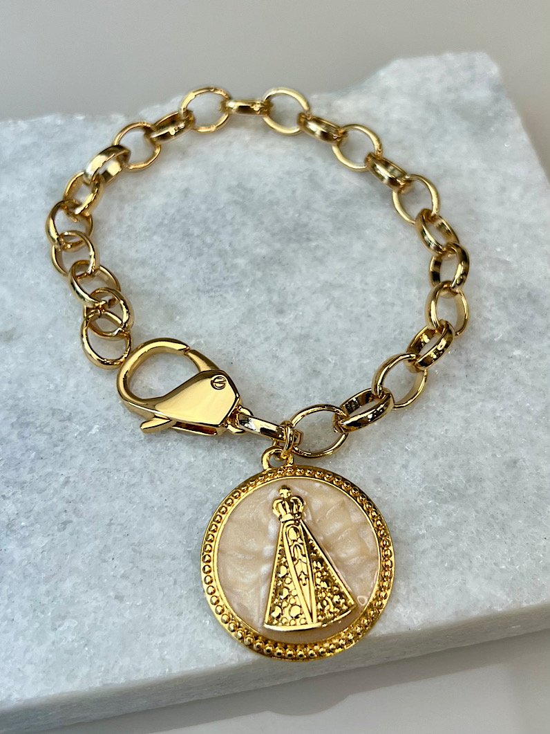 Pulseira Diva Elo Português Pingente Nossa Senhora Dourado