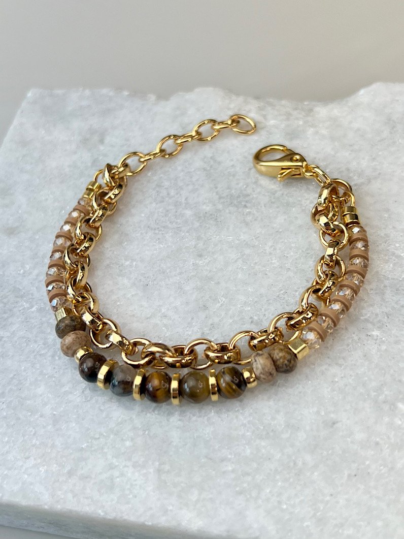 Pulseira Dupla Olho de Tigre e Jaspe Terra Dourada