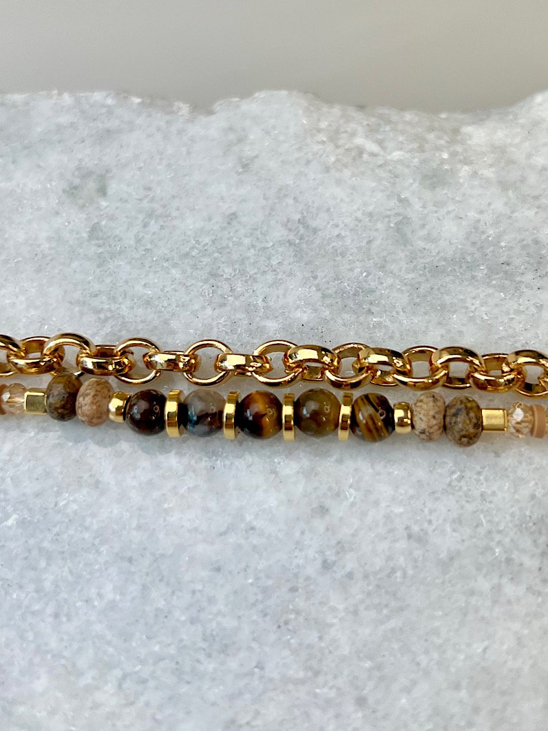 Pulseira Dupla Olho de Tigre e Jaspe Terra Dourada