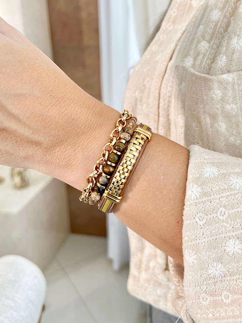 Pulseira Dupla Olho de Tigre e Jaspe Terra Dourada